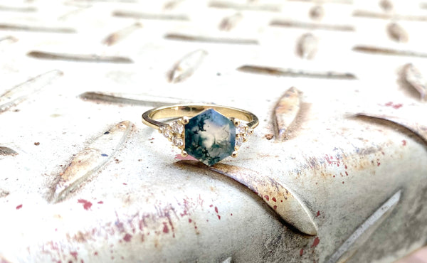 Moss Agate Hexagon Ring